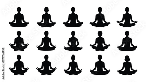Silhouettes of people meditating in various yoga poses minimalist black icons on white background vector illustration for mindfulness and relaxation