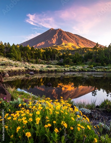 Reflected peak. Golden light bathes a mountain reflected in a serene lake surrounded by lush greenery
