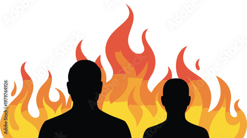 Two silhouetted figures stand against a bright fiery background with intense yellow and orange flames