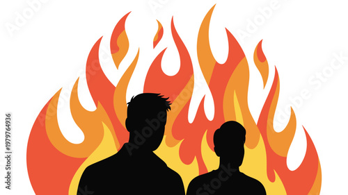 Silhouettes of two individuals standing against a vibrant fiery backdrop of orange and yellow flames evoking intensity and drama