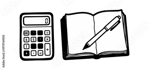 Calculator notebook and pen illustration concept