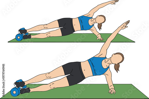 Side plank exercise with leg lift demonstration, woman fitness workout routine for core strength and balance training, home workout vector illustration