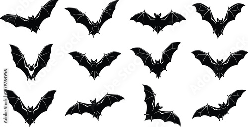 Set of flying bat silhouettes with spread wings in different poses, spooky Halloween animal collection for horror decoration, gothic design, and night creature theme
