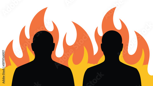 Two silhouetted figures stand against a stark white background engulfed in vibrant orange and red flames