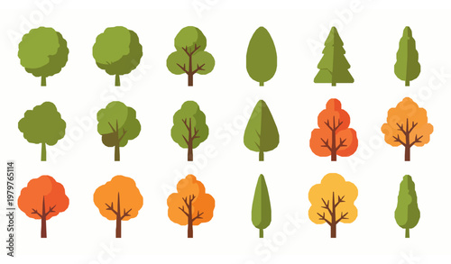Green and autumn tree vector set flat seasonal nature collection with different shapes