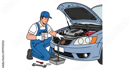 Mechanic working on car engine with tools and oil.