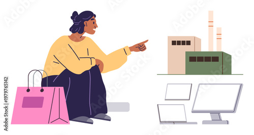E-commerce, online shopping, supply chain, consumer behavior, product sourcing, retail industry. A person pointing towards a factory while surrounded by devices and a shopping bag. E-commerce