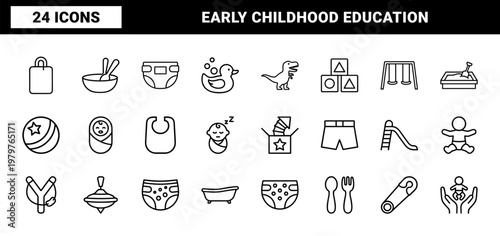 Kindergarten and baby nursery line icon set on white background