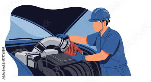 Mechanic working on car engine with tools and rags.