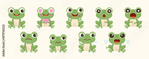 Cute Sage Green Frog Emoji Set with Different Emotions and Expressions