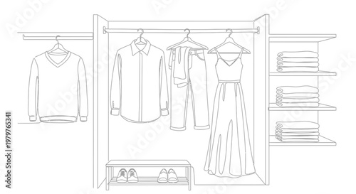 Clothing hanging in a closet.