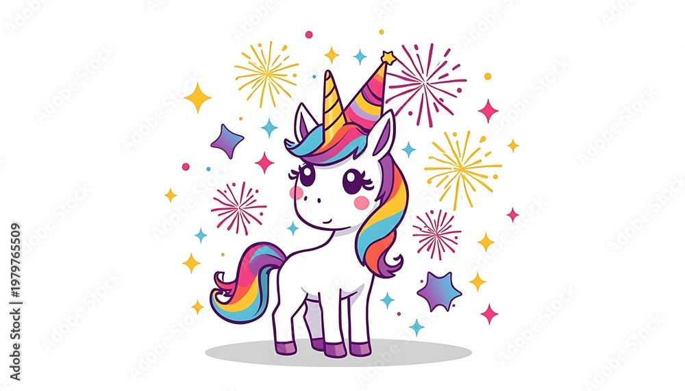 Fototapeta premium Cute cartoon unicorn wearing a party hat celebrating with colorful fireworks and sparkles