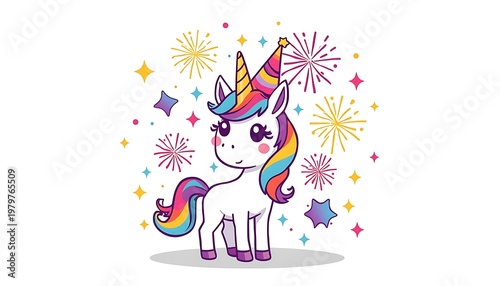 Cute cartoon unicorn wearing a party hat celebrating with colorful fireworks and sparkles