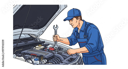 Mechanic working on car engine with wrench.
