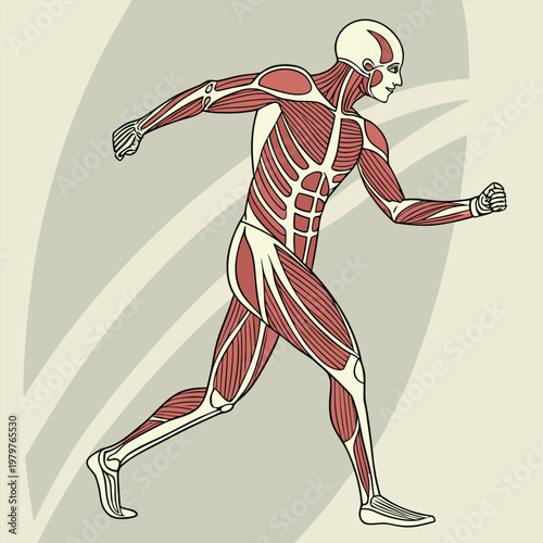 Detailed human muscular system anatomy in dynamic motion illustration