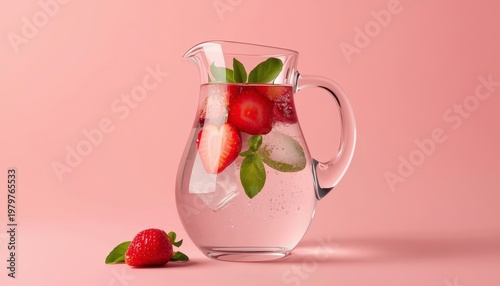 There is a pitcher of water with strawberries and mint leaves in it