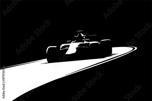 Dynamic racing car speeds around sharp curve, highlighted against dark backdrop
