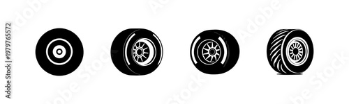 Four distinct racing tires showcase unique tread patterns and designs, emphasizing performance