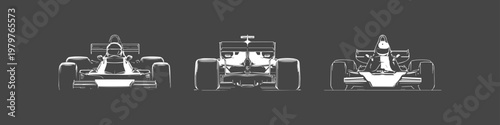 Sleek racing cars showcased in minimalist design, highlighting aerodynamic features and performance