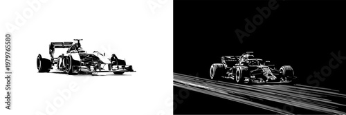 Dynamic contrast showcases sleek racing car in motion, emphasizing speed and power