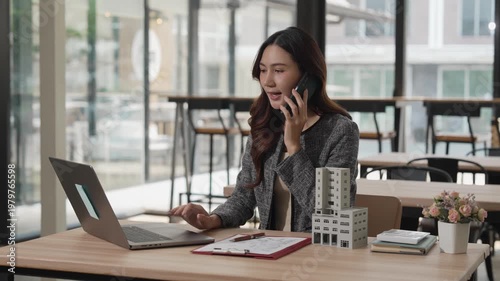 Asian female agents offer pricing and terms for buying or renting real estate, describe interior design options, and provide online home sales consulting.