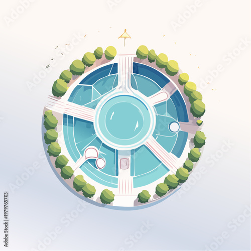 Aerial View of a Modern Circular Public Fountain Plaza with Lush Greenery