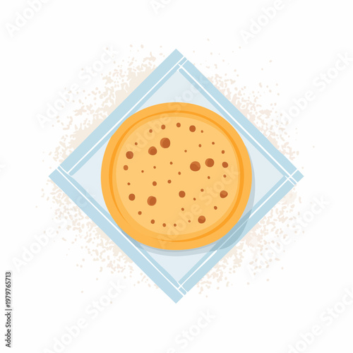Simple illustration of a round flatbread or pizza on a light blue cloth napkin