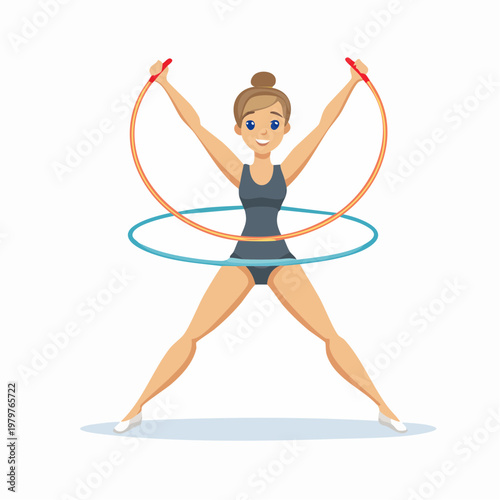 Young athletic woman performing rhythmic gymnastics with two hula hoops