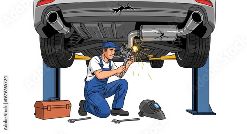 Mechanic working on car exhaust system on lift.