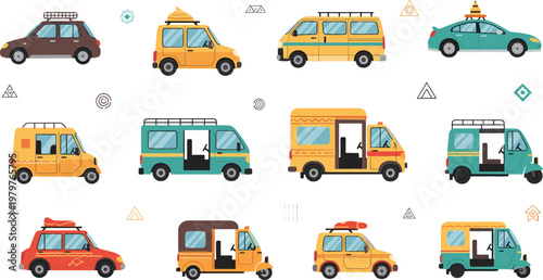 Taxi and delivery vehicles set with city cars, vans and transport services, urban transportation and logistics concept, colorful vector illustration collection