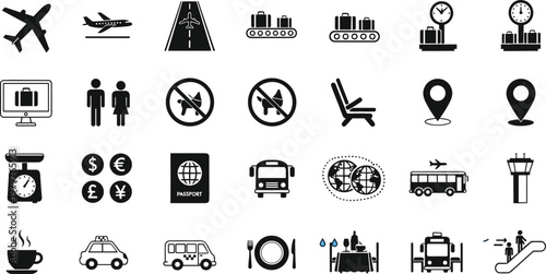 Travel and Transportation Icon Set Featuring Airplane Airport Taxi Bus Train Navigation and Tourism Symbols for Journey Planning and Mobility Design