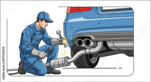 Mechanic working on car exhaust system repair.