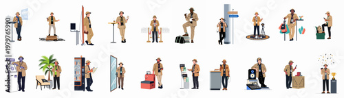 Collection of vector illustrations featuring men in safari outfits at a cryptocurrency conference exploring various event activities and technology themes.