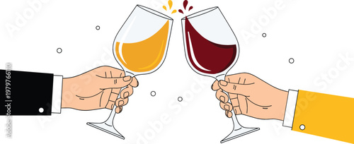 Two hands toasting wine glasses with red and white wine splash, celebration concept vector illustration for party, anniversary, wedding, and festive events design