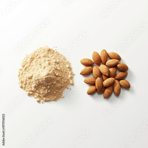 A pile of almond flour and a pile of almonds on a white background