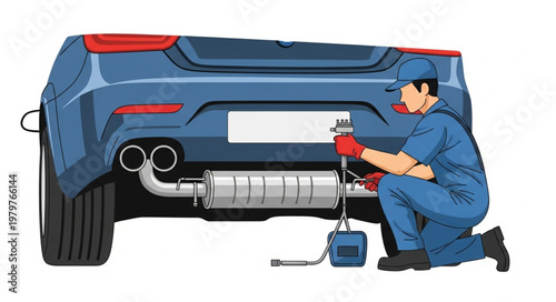 Mechanic working on car exhaust system repair maintenance.