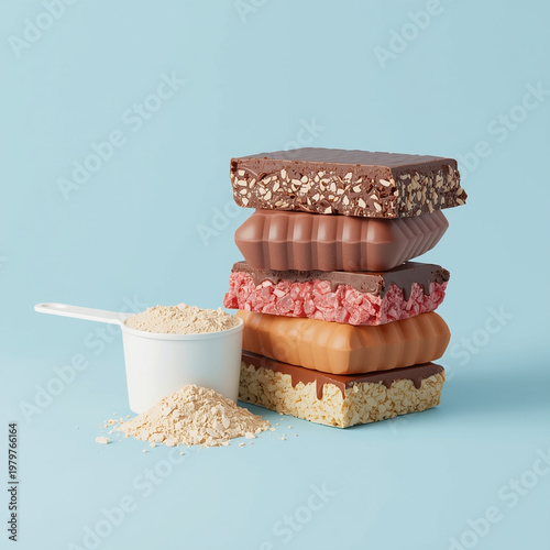 A stack of protein bars and a scoop of powder on a light blue background