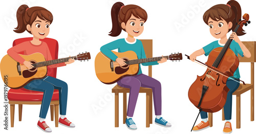 Young Girl Playing Guitar and Cello for Music Lessons, Practice, and Music Education Illustrations