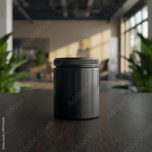 A black plastic container sits on a dark wooden table in a modern office space