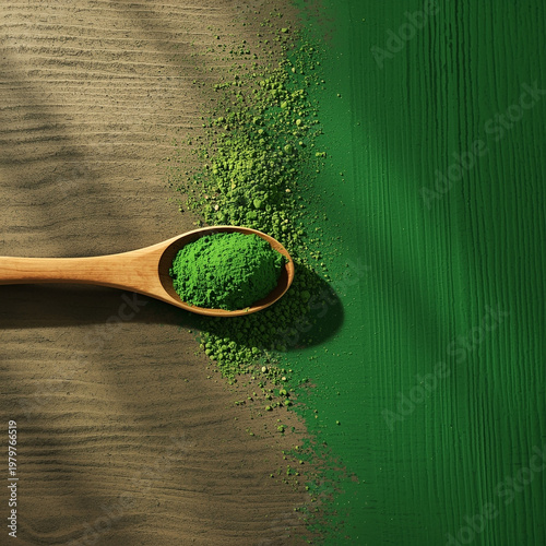 Green powder in a wooden spoon on a wooden surface