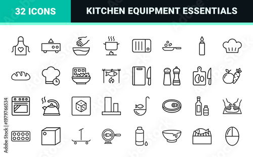 Kitchen and cooking line icon set for culinary apps and menus