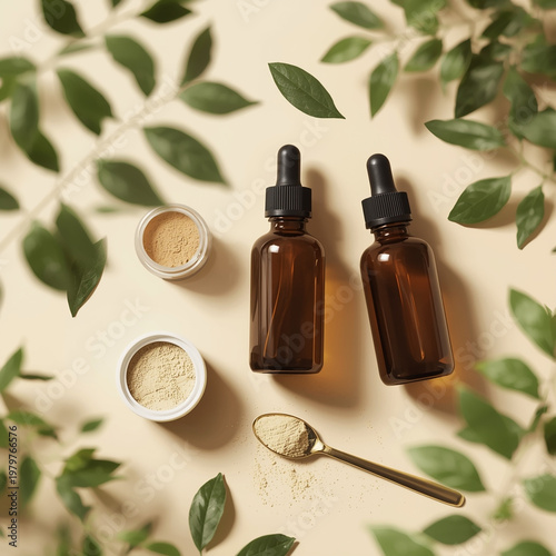Natural herbal supplements and powder on a beige background