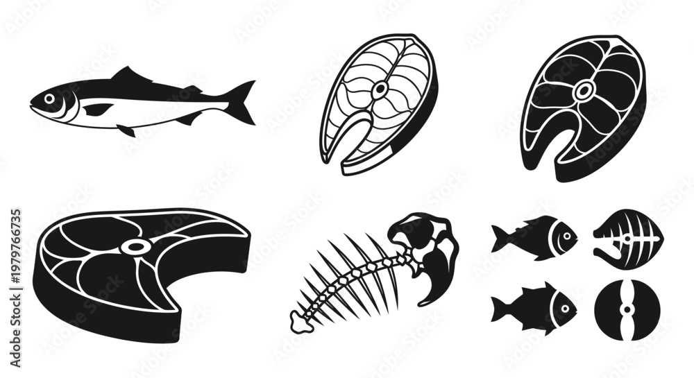 Fototapeta premium Set of fish steak icons and seafood silhouettes for kitchen design or restaurant menu isolated on white background.