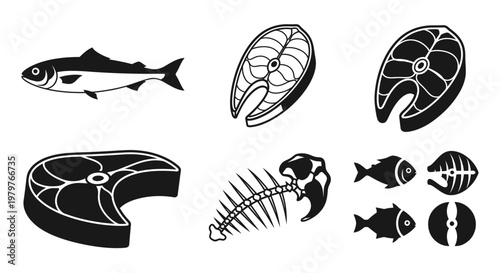 Set of fish steak icons and seafood silhouettes for kitchen design or restaurant menu isolated on white background.