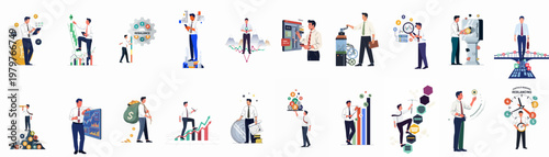 Flat Vector Illustration Set of Businessmen Engaged in Cryptocurrency Trading, Financial Portfolio Management, Data Analysis, and Investment Strategies.