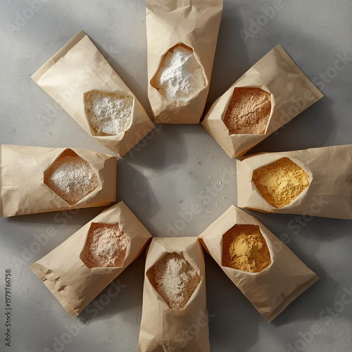 Assorted spices in brown paper bags on gray surface
