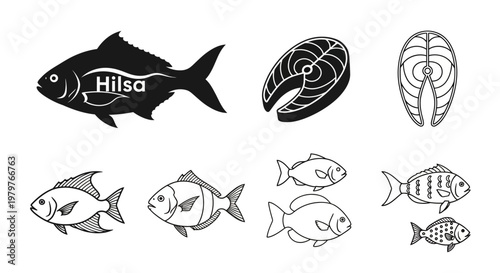 Hilsa fish silhouette and diverse aquatic species collection with meat slices for fishing and seafood industry.