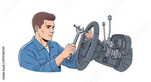 Mechanic working on car steering wheel and transmission system.