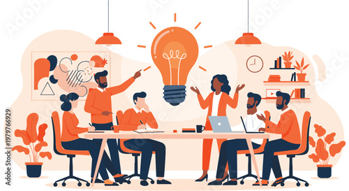 Diverse team brainstorming meeting in vibrant orange and peach tones with modern flat illustration for business and creativity