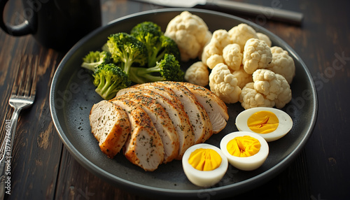 Grilled chicken breast with steamed vegetables and boiled eggs healthy meal